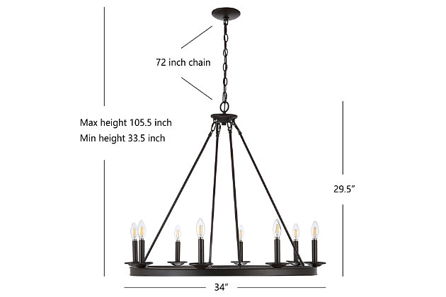 Designed for the contemporary tastemaker, this eight-light chandelier is an investment in stylish living. Its minimalist metal circle is finished in black that brings sophistication and industrial chic charm to any living room or dining room.Made of iron | Black finish | 2-way switch | Uses eight 4-watt led blubs (included) | Adjustable height with 84" cord length | Hardwired fixture; professional installation recommended | Indoor use only | Assembly required | Imported