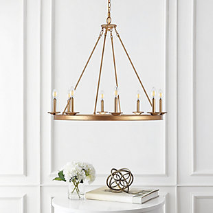 Designed for the contemporary tastemaker, this eight-light chandelier is an investment in stylish living. Its minimalist metal circle is finished in rich goldtone that brings sophistication and shining industrial chic charm to any living room or dining room.Made of iron | Goldtone finish | 2-way switch | Uses eight 4-watt led blubs (included) | Adjustable height with 84" cord length; ul listed | Hardwired fixture; professional installation recommended | Indoor use only | Assembly required | Imported