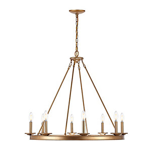 Designed for the contemporary tastemaker, this eight-light chandelier is an investment in stylish living. Its minimalist metal circle is finished in rich goldtone that brings sophistication and shining industrial chic charm to any living room or dining room.Made of iron | Goldtone finish | 2-way switch | Uses eight 4-watt led blubs (included) | Adjustable height with 84" cord length; ul listed | Hardwired fixture; professional installation recommended | Indoor use only | Assembly required | Imported