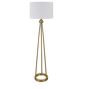 You'll love the simple, clean lines of the Sadie floor lamp. Modern in style, it's dressed in a goldtone finish and features a tripod design on a ring base. The contemporary construction is complemented with a white linen drum shade that's sure to make a statement in your space.Made of iron with hardback drum linen shade | Goldtone finish | 3-way switch | 1 E26 socket; type A bulb recommended (not included); 150-watt max | Non-skid bottom | Power cord included; UL Listed | Assembly required