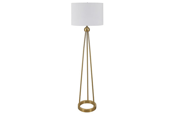 You'll love the simple, clean lines of the Sadie floor lamp. Modern in style, it's dressed in a goldtone finish and features a tripod design on a ring base. The contemporary construction is complemented with a white linen drum shade that's sure to make a statement in your space.Made of iron with hardback drum linen shade | Goldtone finish | 3-way switch | 1 E26 socket; type A bulb recommended (not included); 150-watt max | Non-skid bottom | Power cord included; UL Listed | Assembly required