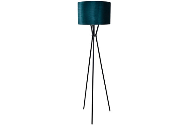 Embrace the power and beauty of the Evie tripod floor lamp. It marries a sleek iron base with a teal velvet drum shade for a brilliant look. Bringing light to your space in elegant style, this lamp is perfect for adding a final touch of contemporary charm.Made of iron with hardback drum velvet shade | Black powder coat finish | On/off foot switch | 1 E26 socket; type A bulb recommended (not included); 150-watt max | Non-skid bottom | Power cord included; UL Listed | Assembly required