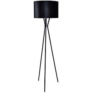 Embrace the power and beauty of the Evie tripod floor lamp. It marries a sleek iron base with a black velvet drum shade for a brilliant look. Bringing light to your space in elegant style, this lamp is perfect for adding a final touch of contemporary charm.Made of iron with hardback drum velvet shade | Black powder coat finish | On/off foot switch | 1 E26 socket; type A bulb recommended (not included); 150-watt max | Non-skid bottom | Power cord included; UL Listed | Assembly required