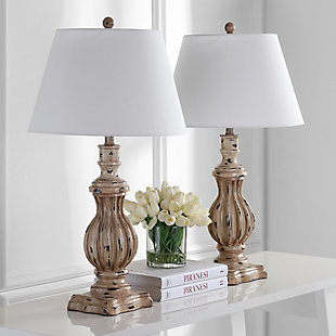 Substantial and chic, this luxurious antique brown Tanner table lamp upgrades any room with its natural beauty. The ornate curves and delicately carved design create the depth of classic sculpture. Sold in sets of two.Set of 2 | Made of resin | Shade material: 100% cotton | Bulb type included: LED G45 4W | Max. wattage: type "A" 100W or CFL 23W or LED 12W | Watt: 9W | Lumen: 800 | Qty of bulbs: 1 | Lighting switch type: ON/OFF 40W | Lamp certification: UL | Assembly required | Imported