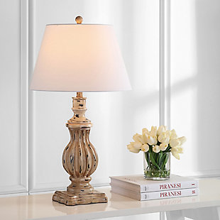 Substantial and chic, this luxurious antique brown Tanner table lamp upgrades any room with its natural beauty. The ornate curves and delicately carved design create the depth of classic sculpture. Sold in sets of two.Set of 2 | Made of resin | Shade material: 100% cotton | Bulb type included: LED G45 4W | Max. wattage: type "A" 100W or CFL 23W or LED 12W | Watt: 9W | Lumen: 800 | Qty of bulbs: 1 | Lighting switch type: ON/OFF 40W | Lamp certification: UL | Assembly required | Imported