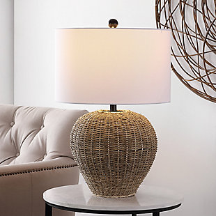 The Firth table lamp proves that anything rattan is effortlessly stylish. The organic woven texture of its brown rattan body emanate rich tropical vibes, beautifully offset by the crisp, clean lines of a white drum shade.Made of metal | Shade material: 100% cotton | Bulb type included: LED A19 9W | Max. wattage: 100 | Watt: 9W | Lumen: 805 | Qty of bulbs: 1 | Lighting switch type: ON/OFF | Lamp certification: UL | Assembly required | Imported