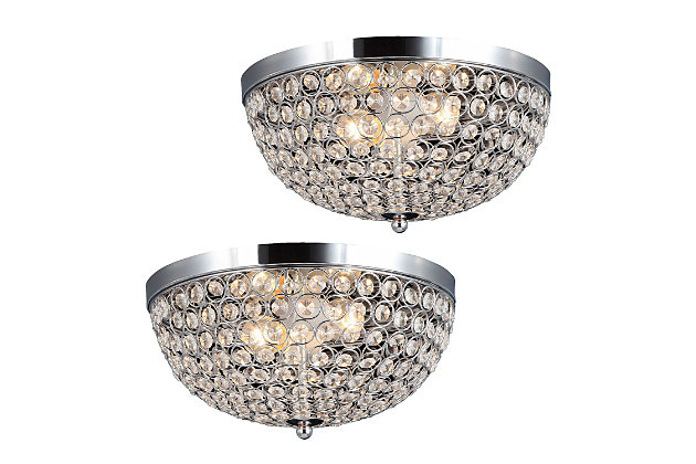 Luxury at its finest. This two light round crystal flush mount is the perfect accent piece for any room in your home. Elegant crystals are showcased on the flawless chrome-tone base for a simple but glamourous look that complements your contemporary decor.Set of 2 | Made with iron | Chrome-tone finish | Crystal accents | Requires 2 x 60 watt Medium Base Type B Incandescent bulbs  (not included) | Hardwired | Assembly required