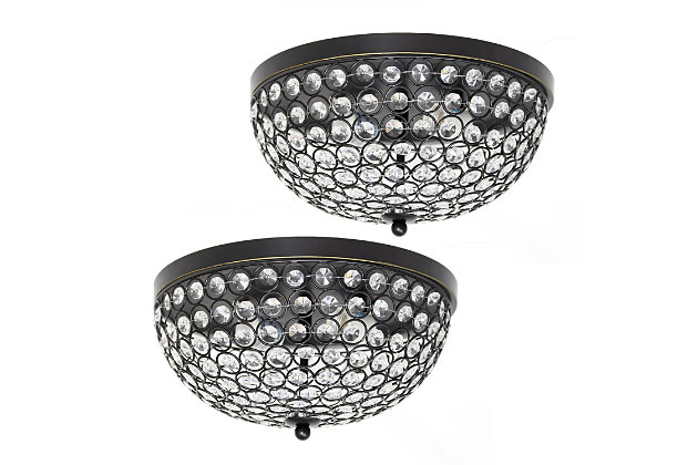 Luxury at its finest. This two light round crystal flush mount is the perfect accent piece for any room in your home. Elegant crystals are showcased on the flawless restoration bronze-tone base for a simple but glamourous look that complements your contemporary decor.Set of 2 | Made with iron | Restoration bronze-tone finish | Crystal accents | Requires 2 x 60 watt Medium Base Type B Incandescent bulbs  (not included) | Hardwired | Assembly required