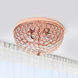 Luxury at its finest. This two light round crystal flush mount is the perfect accent piece for any room in your home. Elegant crystals are showcased on the flawless rose goldtone base for a simple but glamourous look that complements your contemporary decor.Set of 2 | Made with iron | Rose goldtone finish | Crystal accents | Requires 2 x 60 watt Medium Base Type B Incandescent bulbs  (not included) | Hardwired | Assembly required