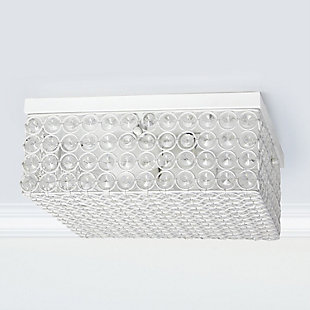 Luxury at its finest. This two light square crystal flush mount is the perfect accent piece for any room in your home. Elegant crystals are showcased on the flawless white base for a simple but glamourous look that complements your contemporary decor.Made with iron | White finish | Requires 2 x 60 watt Medium Base Type B Incandescent bulbs  (not included) | K5 crystals throughout; 4 rows of crystals in height | Requires 2 x 60 watt Medium Base Type B Incandescent bulbs  (not included) | Hardwired | Assembly required