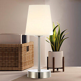 JONATHAN Y Carson 12.75" Modern Minimalist Iron Rechargeable Integrated LED Table Lamp, Nickel/White, Nickel, rollover