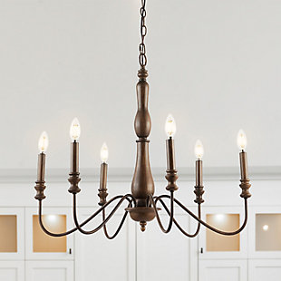 JONATHAN Y Victoria 29" 6-Light Rustic Midcentury Iron LED Chandelier, Brown, , rollover