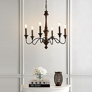 JONATHAN Y Oakley 25" 6-Light Midcentury Farmhouse Iron LED Chandelier, Wood Finished/Oil Rubbed Bronze, , rollover