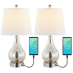 JONATHAN Y Dino 21" Farmhouse Industrial Iron/Glass LED Table Lamp with USB Charging Port, Silver (Set of 2), , large