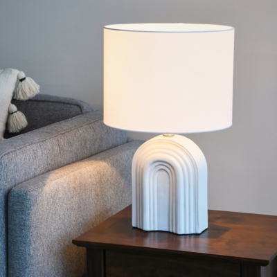 Storied Home Carved Arch Stoneware Table Lamp with Linen Drum Shade, White, , rollover