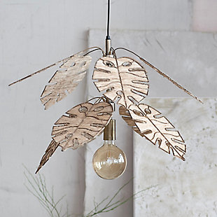 Storied Home 29 Inches Round Metal and Banana Fiber Leaf Hanging Pendant Lamp with Hardwire and 40 Watts Bulb Maximum, Antique Brass Finish and Natural, , rollover