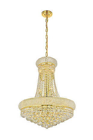 “Primo” means “first” in Italian, and the Primo collection lives up to its name as the top choice in classic, dramatic lighting. The symmetrical bell-shaped design offers variations in single, double, and triple tiers, with each canopy encrusted with multiple layers of round crystals. Delicate strands of crystals flare out from each canopy, ending in a profusion of crystal octagons and balls in the bottom hemisphere base. The Primo series of hanging fixtures comes in finishes of brilliant chrome or gold, which are refracted in the clear crystals | Width of 24 inches, height of 32 inches, and requires 14 candelabra bulbs | fixture is dimmable | comes with a 60 inch long hanging chain