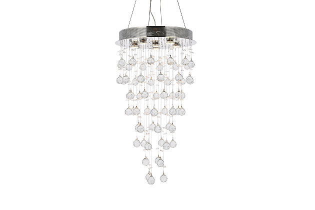 Finding the perfect light fixture for a large space can be a tall order, and sometimes it calls for a tall fixture, like the many impressive choices in the Galaxy collection. These elegant, majestic fixtures do much more than fill a room with rich light; their presence makes an unmistakably bold visual statement about your sense of design. Room use: Dining room; Living room; Bedroom; Bathroom; Entry Way; Closet | Diameter of 18 inches; minimum hanging height of 48 inches, maximum hanging height of 130 inches. | Warm, brilliant light is created by 6 light bulbs. (not included) | comes with an adjustable hanging cable
