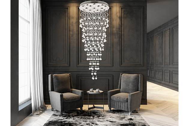 Finding the perfect light fixture for a large space can be a tall order, and sometimes it calls for a tall fixture, like the many impressive choices in the Galaxy collection. These elegant, majestic fixtures do much more than fill a room with rich light; their presence makes an unmistakably bold visual statement about your sense of design. Room use: Dining room; Living room; Bedroom; Bathroom; Entry Way; Closet | Diameter of 30 inches; minimum hanging height of 86 inches, maximum hanging height of 178 inches. | Warm, brilliant light is created by 16 light bulbs. (not included) | comes with an adjustable hanging cable