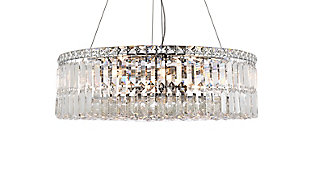 A riot of shapes and textures, Maxime collection hanging fixtures sparkle in a mosaic of crystal tiles. Square and rectangular precision-cut crystals form the flamboyant exterior while faceted crystal balls create a bubbled effect for light to shine through beneath. A mischievous asymmetrical hanging tube adds a touch of whimsy to this structured design. Available in a chrome finish with clear or golden-teak crystals, these lamps are a luxurious addition to a dining room, stairwell, foyer, or living room. Room use: Dining room; Living room; Bedroom; Bathroom; Entry Way; Closet | Diameter of 24 inches; minimum hanging height of 27 inches, maximum hanging height of 80 inches. | Warm, brilliant light is created by 12 light bulbs. (not included) | comes with an adjustable hanging cable