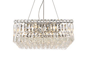 A riot of shapes and textures, Maxime collection hanging fixtures sparkle in a mosaic of crystal tiles. Square and rectangular precision-cut crystals form the flamboyant exterior while faceted crystal balls create a bubbled effect for light to shine through beneath. A mischievous asymmetrical hanging tube adds a touch of whimsy to this structured design. Available in a chrome finish with clear or golden-teak crystals, these lamps are a luxurious addition to a dining room, stairwell, foyer, or living room. Room use: Dining room; Living room; Bedroom; Bathroom; Entry Way; Closet | Diameter of 20 inches; minimum hanging height of 27 inches, maximum hanging height of 80 inches. | Warm, brilliant light is created by 12 light bulbs. (not included) | comes with an adjustable hanging cable