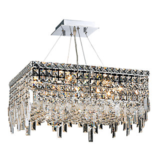 A riot of shapes and textures, Maxime collection hanging fixtures sparkle in a mosaic of crystal tiles. Square and rectangular precision-cut crystals form the flamboyant exterior while faceted crystal balls create a bubbled effect for light to shine through beneath. A mischievous asymmetrical hanging tube adds a touch of whimsy to this structured design. Available in a chrome finish with clear or golden-teak crystals, these lamps are a luxurious addition to a dining room, stairwell, foyer, or living room. Room use: Dining room; Living room; Bedroom; Bathroom; Entry Way; Closet | Diameter of 20 inches; minimum hanging height of 27 inches, maximum hanging height of 80 inches. | Warm, brilliant light is created by 12 light bulbs. (not included) | comes with an adjustable hanging cable