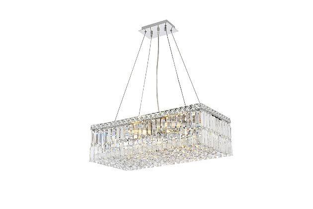 A riot of shapes and textures, Maxime collection hanging fixtures sparkle in a mosaic of crystal tiles. Square and rectangular precision-cut crystals form the flamboyant exterior while faceted crystal balls create a bubbled effect for light to shine through beneath. A mischievous asymmetrical hanging tube adds a touch of whimsy to this structured design. Available in a chrome finish with clear or golden-teak crystals, these lamps are a luxurious addition to a dining room, stairwell, foyer, or living room. Room use: Dining room; Living room; Bedroom; Bathroom; Entry Way; Closet | Length of 24 inches, width of 12 inches; minimum hanging height of 27 inches, maximum hanging height of 80 inches. | Warm, brilliant light is created by 6 light bulbs. (not included) | comes with an adjustable hanging cable