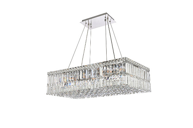 A riot of shapes and textures, Maxime collection hanging fixtures sparkle in a mosaic of crystal tiles. Square and rectangular precision-cut crystals form the flamboyant exterior while faceted crystal balls create a bubbled effect for light to shine through beneath. A mischievous asymmetrical hanging tube adds a touch of whimsy to this structured design. Available in a chrome finish with clear or golden-teak crystals, these lamps are a luxurious addition to a dining room, stairwell, foyer, or living room. Room use: Dining room; Living room; Bedroom; Bathroom; Entry Way; Closet | Length of 28 inches, width of 14 inches; minimum hanging height of 27 inches, maximum hanging height of 80 inches. | Warm, brilliant light is created by 16 light bulbs. (not included) | comes with an adjustable hanging cable