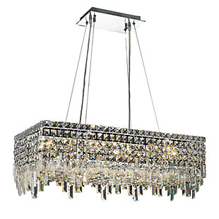 A riot of shapes and textures, Maxime collection hanging fixtures sparkle in a mosaic of crystal tiles. Square and rectangular precision-cut crystals form the flamboyant exterior while faceted crystal balls create a bubbled effect for light to shine through beneath. A mischievous asymmetrical hanging tube adds a touch of whimsy to this structured design. Available in a chrome finish with clear or golden-teak crystals, these lamps are a luxurious addition to a dining room, stairwell, foyer, or living room. Room use: Dining room; Living room; Bedroom; Bathroom; Entry Way; Closet | Length of 28 inches, width of 14 inches; minimum hanging height of 27 inches, maximum hanging height of 80 inches. | Warm, brilliant light is created by 16 light bulbs. (not included) | comes with an adjustable hanging cable