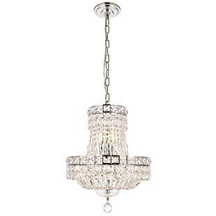 The Tranquil collection of hanging fixtures is everything you could imagine in the most decadent of lighting for your home. Captivating and serene, the radiance of this masterpiece will make you feel like a waterfall of lustrous sparkle enraptures you. Chrome-finished bands of exquisite emerald-cut and baguette jewels are finished off with a mesmerizing spherical gem. These hypnotizing chandeliers and hanging pendants will add a touch of panache to your kitchen, dining room, foyer, or bedroom. Room use: Dining room; Living room; Bedroom; Bathroom; Entry Way; Closet | Diameter of 14 inches; minimum hanging height of 25 inches, maximum hanging height of 79 inches. | Warm, brilliant light is created by 6 light bulbs. (not included) | comes with a 60 inch long hanging chain