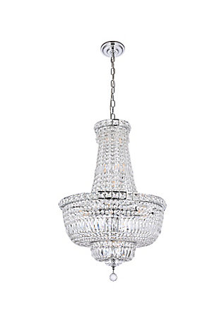 The Tranquil collection of hanging fixtures is everything you could imagine in the most decadent of lighting for your home. Captivating and serene, the radiance of this masterpiece will make you feel like a waterfall of lustrous sparkle enraptures you. Chrome-finished bands of exquisite emerald-cut and baguette jewels are finished off with a mesmerizing spherical gem. These hypnotizing chandeliers and hanging pendants will add a touch of panache to your kitchen, dining room, foyer, or bedroom. Room use: Dining room; Living room; Bedroom; Bathroom; Entry Way; Closet | Diameter of 22 inches; minimum hanging height of 37 inches, maximum hanging height of 91 inches. | Warm, brilliant light is created by 22 light bulbs. (not included) | comes with a 60 inch long hanging chain