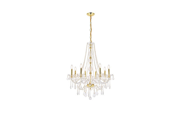 Add an updated version of Old World panache to your décor with an elegant chandelier from the Verona collection. These distinctive fixtures are highlighted by tall, intricate, cut-crystal center columns draped in shimmering cascades of crystal beads. Eight arms capped with candelabra lights (not included) on crystal bobéches complete the visual treat, which also includes festoons of diamond-like crystals, glass rings, and pendeloques. Available with a choice of finishes and types of crystal.Room use: Dining room; Living room; Bedroom; Bathroom; Entry Way; Closet | Diameter of 28 inches; minimum hanging height of 40 inches, maximum hanging height of 94 inches. | Warm, brilliant light is created by 8 light bulbs. (not included) | comes with a 60 inch long hanging chain