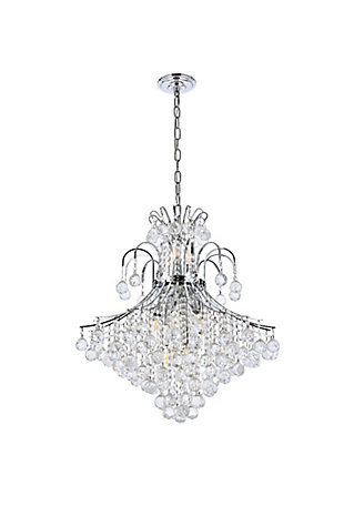 A treasure trove of glittering crystals, Toureg collection pendant lamps are generous with their sparkle. Stately curved steel arms and frame form an opulent flared shape available in chrome or gold finishes. Faceted clear crystal balls and crystal octagons offer a variety of options to choose from. Certain to be the center of attention in the dining room, living room, bedroom, or stairwell. Flared shape and curved steel arms, frame, and chain in a chrome finish  | Clear faceted crystal balls and royal-cut crystal octagons  | Lamp features a diameter of 25 inches, a height of 31 inches, and requires 15 candelabra bulbs | comes with a 60 inch long hanging chain