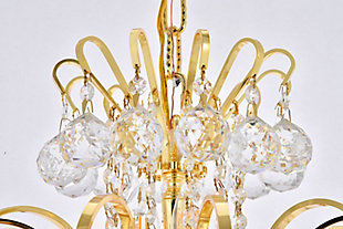 A treasure trove of glittering crystals, Toureg collection pendant lamps are generous with their sparkle. Stately curved steel arms and frame form an opulent flared shape available in chrome or gold finishes. Faceted clear crystal balls and crystal octagons offer a variety of options to choose from. Certain to be the center of attention in the dining room, living room, bedroom, or stairwell. Flared shape and curved steel arms, frame, and chain in a gold finish  | Clear faceted crystal balls and royal-cut crystal octagons  | Lamp features a diameter of 25 inches, a height of 31 inches, and requires 15 candelabra bulbs | comes with a 60 inch long hanging chain