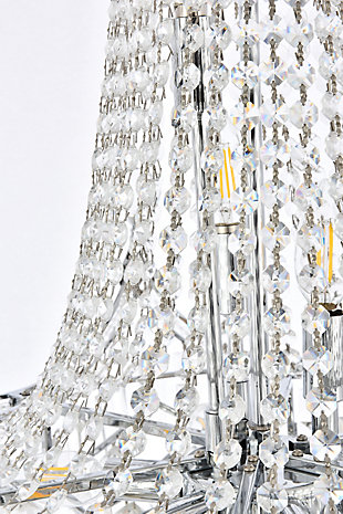 An empire-style chandelier brimming with sparkle, Corona collection hanging fixtures fill a home with brilliant light. The base of the frame forms a hemisphere that is overflowing with clear crystal balls and faceted prisms and tipped with matching crystal balls. Draped crystal octagon strands dangle along the body of the lamp while a gorgeous crystal “crown” matches the edges of the frame, completing the look and giving the design its name. Available in one, two, or three glorious tiers a chrome or gold finish that is dazzling in a dining room, stairwell, or living room.Room use: Dining room; Living room; Bedroom; Bathroom; Entry Way; Closet | Diameter of 20 inches; minimum hanging height of 34 inches, maximum hanging height of 88 inches. | Warm, brilliant light is created by 9 light bulbs. (not included) | comes with a 60 inch long hanging chain