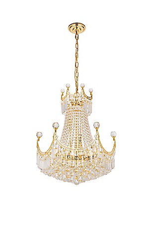 An empire-style chandelier brimming with sparkle, Corona collection hanging fixtures fill a home with brilliant light. The base of the frame forms a hemisphere that is overflowing with clear crystal balls and faceted prisms and tipped with matching crystal balls. Draped crystal octagon strands dangle along the body of the lamp while a gorgeous crystal “crown” matches the edges of the frame, completing the look and giving the design its name. Available in one, two, or three glorious tiers a chrome or gold finish that is dazzling in a dining room, stairwell, or living room.Room use: Dining room; Living room; Bedroom; Bathroom; Entry Way; Closet | Diameter of 20 inches; minimum hanging height of 34 inches, maximum hanging height of 88 inches. | Warm, brilliant light is created by 9 light bulbs. (not included) | comes with a 60 inch long hanging chain