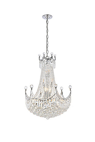 An empire-style chandelier brimming with sparkle, Corona collection hanging fixtures fill a home with brilliant light. The base of the frame forms a hemisphere that is overflowing with clear crystal balls and faceted prisms and tipped with matching crystal balls. Draped crystal octagon strands dangle along the body of the lamp while a gorgeous crystal “crown” matches the edges of the frame, completing the look and giving the design its name. Available in one, two, or three glorious tiers a chrome or gold finish that is dazzling in a dining room, stairwell, or living room.Room use: Dining room; Living room; Bedroom; Bathroom; Entry Way; Closet | Diameter of 24 inches; minimum hanging height of 38 inches, maximum hanging height of 92 inches. | Warm, brilliant light is created by 18 light bulbs. (not included) | comes with a 60 inch long hanging chain