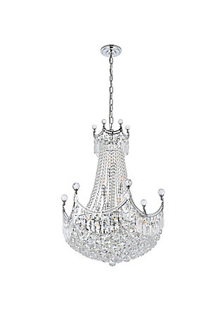 An empire-style chandelier brimming with sparkle, Corona collection hanging fixtures fill a home with brilliant light. The base of the frame forms a hemisphere that is overflowing with clear crystal balls and faceted prisms and tipped with matching crystal balls. Draped crystal octagon strands dangle along the body of the lamp while a gorgeous crystal “crown” matches the edges of the frame, completing the look and giving the design its name. Available in one, two, or three glorious tiers a chrome or gold finish that is dazzling in a dining room, stairwell, or living room.Room use: Dining room; Living room; Bedroom; Bathroom; Entry Way; Closet | Diameter of 24 inches; minimum hanging height of 38 inches, maximum hanging height of 92 inches. | Warm, brilliant light is created by 18 light bulbs. (not included) | comes with a 60 inch long hanging chain