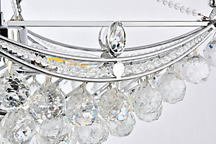 An empire-style chandelier brimming with sparkle, Corona collection hanging fixtures fill a home with brilliant light. The base of the frame forms a hemisphere that is overflowing with clear crystal balls and faceted prisms and tipped with matching crystal balls. Draped crystal octagon strands dangle along the body of the lamp while a gorgeous crystal “crown” matches the edges of the frame, completing the look and giving the design its name. Available in one, two, or three glorious tiers a chrome or gold finish that is dazzling in a dining room, stairwell, or living room.Room use: Dining room; Living room; Bedroom; Bathroom; Entry Way; Closet | Diameter of 24 inches; minimum hanging height of 24 inches, maximum hanging height of 78 inches. | Warm, brilliant light is created by 6 light bulbs. (not included) | comes with a 60 inch long hanging chain