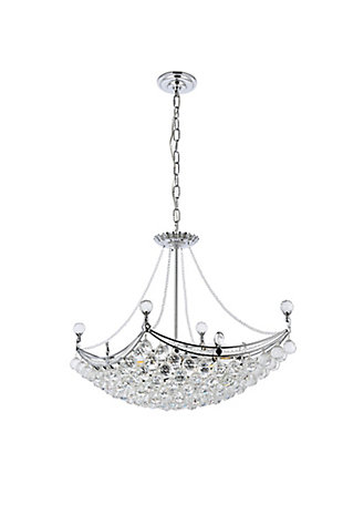 An empire-style chandelier brimming with sparkle, Corona collection hanging fixtures fill a home with brilliant light. The base of the frame forms a hemisphere that is overflowing with clear crystal balls and faceted prisms and tipped with matching crystal balls. Draped crystal octagon strands dangle along the body of the lamp while a gorgeous crystal “crown” matches the edges of the frame, completing the look and giving the design its name. Available in one, two, or three glorious tiers a chrome or gold finish that is dazzling in a dining room, stairwell, or living room.Room use: Dining room; Living room; Bedroom; Bathroom; Entry Way; Closet | Diameter of 28 inches; minimum hanging height of 26 inches, maximum hanging height of 80 inches. | Warm, brilliant light is created by 8 light bulbs. (not included) | comes with a 60 inch long hanging chain