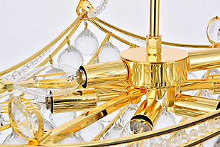 An empire-style chandelier brimming with sparkle, Corona collection hanging fixtures fill a home with brilliant light. The base of the frame forms a hemisphere that is overflowing with clear crystal balls and faceted prisms and tipped with matching crystal balls. Draped crystal octagon strands dangle along the body of the lamp while a gorgeous crystal “crown” matches the edges of the frame, completing the look and giving the design its name. Available in one, two, or three glorious tiers a chrome or gold finish that is dazzling in a dining room, stairwell, or living room.Room use: Dining room; Living room; Bedroom; Bathroom; Entry Way; Closet | Diameter of 28 inches; minimum hanging height of 26 inches, maximum hanging height of 80 inches. | Warm, brilliant light is created by 8 light bulbs. (not included) | comes with a 60 inch long hanging chain