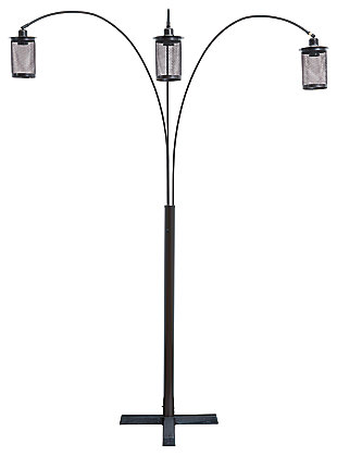 The Maovesa floor lamp impresses with its industrial design. The long arc, bronze finish and metal shades are simply striking, while the dimmer switch and adjustable arm and neck let you control where the triad of bulbs shine. What a perfect sofa companion that’s a mix of urban, stylish and functional.Made of metal with metal mesh shades | Adjustable arm and neck | Dimmer switch | 3 type A bulbs (not included); 40 watts max or CFL 8 watts; UL Listed | Clean with a soft, dry cloth | Assembly required | Estimated Assembly Time: 15 Minutes