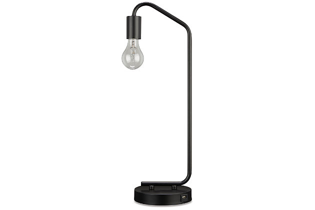 Brilliant in its minimalist form, the Covybend desk lamp suspends its exposed bulb in one sleek swoop. Constructed of metal, this compact, lightweight lamp is portable and features a single USB charging port. We see it glowing bedside, on a bookshelf or on either end of a credenza.Made of metal | Black finish | USB charging port | On/off switch | 1 E26 socket; type A bulb recommended (not included); 60 watts max or CFL 13 watts max; UL Listed | No assembly required