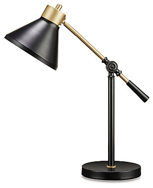 Black and metallic tones make the Garville desk lamp understated but refined. The adjustable neck and shade cast light in the direction of interest. Whether you're completing a homework assignment or pursuing the online news, this lamp is the perfect desk companion. Made of metal with metal shade | Black and goldtone finish | Adjustable height and direction | On/off switch | 1 E26 socket; type A bulb recommended (not included); 40 watts max or CFL 8 watts max; UL Listed | Assembly required | Estimated Assembly Time: 15 Minutes