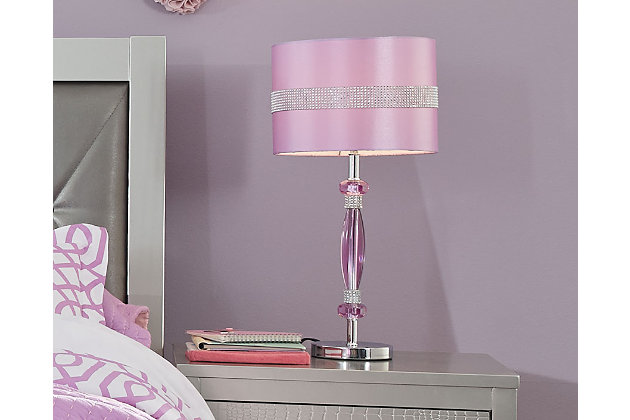 A plum-pretty hue, gleaming silver and rhinestone accents—perfect for the glitzy girly girl. Nyssa makes a light, bright addition to her nightstand or desk.Clean with a soft, dry cloth | On/off switch | Made of metal and acrylic with fabric shade | 1 type A bulb (not included); 60 watts max or CFL 13 watts max; UL listed