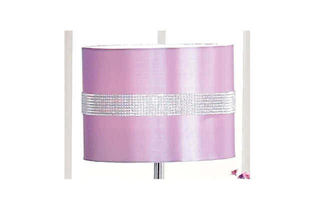 A plum-pretty hue, gleaming silver and rhinestone accents—perfect for the glitzy girly girl. Nyssa makes a light, bright addition to her nightstand or desk.Clean with a soft, dry cloth | On/off switch | Made of metal and acrylic with fabric shade | 1 type A bulb (not included); 60 watts max or CFL 13 watts max; UL listed