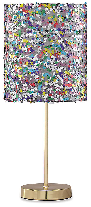 Is your little one all about the glam factor? If so, she’ll love the Maddy table lamp. Multicolored sequined drum shade lights up her room in style. Goldtone metal base is a classy touch to this glitzy design.Made of metal with sequined fabric drum shade | On-off switch | 1 type A bulb (not included); 60 watts max or CFL 13 watts max; UL Listed | Clean with a soft, dry cloth | Assembly required | Estimated Assembly Time: 15 Minutes