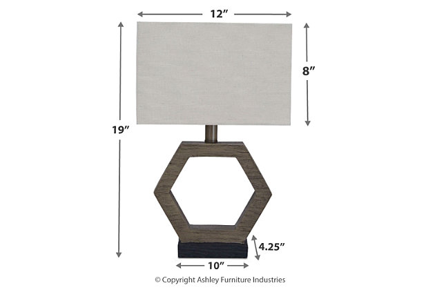 Who knew geometry could be so stylish? Marilu table lamp's hexagonal base sports a stunning gray washed finish over faux wood. Angular silhouette brightens up your space with the right amount of style and light.Made of gray wash finished faux wood with rectangular hardback shade | On/off switch | 1 type A bulb (not included); 60 watts max or CFL 13 watts max; UL Listed | Clean with a soft, dry cloth | Assembly required | Estimated Assembly Time: 15 Minutes