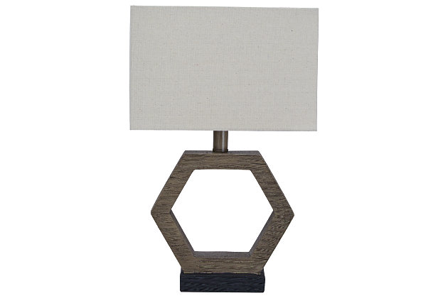 Who knew geometry could be so stylish? Marilu table lamp's hexagonal base sports a stunning gray washed finish over faux wood. Angular silhouette brightens up your space with the right amount of style and light.Made of gray wash finished faux wood with rectangular hardback shade | On/off switch | 1 type A bulb (not included); 60 watts max or CFL 13 watts max; UL Listed | Clean with a soft, dry cloth | Assembly required | Estimated Assembly Time: 15 Minutes