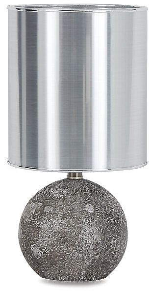 Style meets function with the Kadian accent lamp. With just a simple switch of the lamp you can illuminate spaces with soft ambient light. This is the ideal size for nightstands or where space may be limited.Made of polyresin with plastic metallic silvertone drum shade | Antiqued gray finish | On/off switch | 1 type A bulb (not included), 60 watts max or CFL 13 watts max; UL Listed | Minor assembly required | Estimated Assembly Time: 15 Minutes